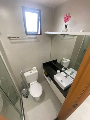 Ducha, toallas, jabón, papel higiénico