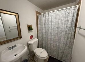 Hair dryer, towels, soap, toilet paper
