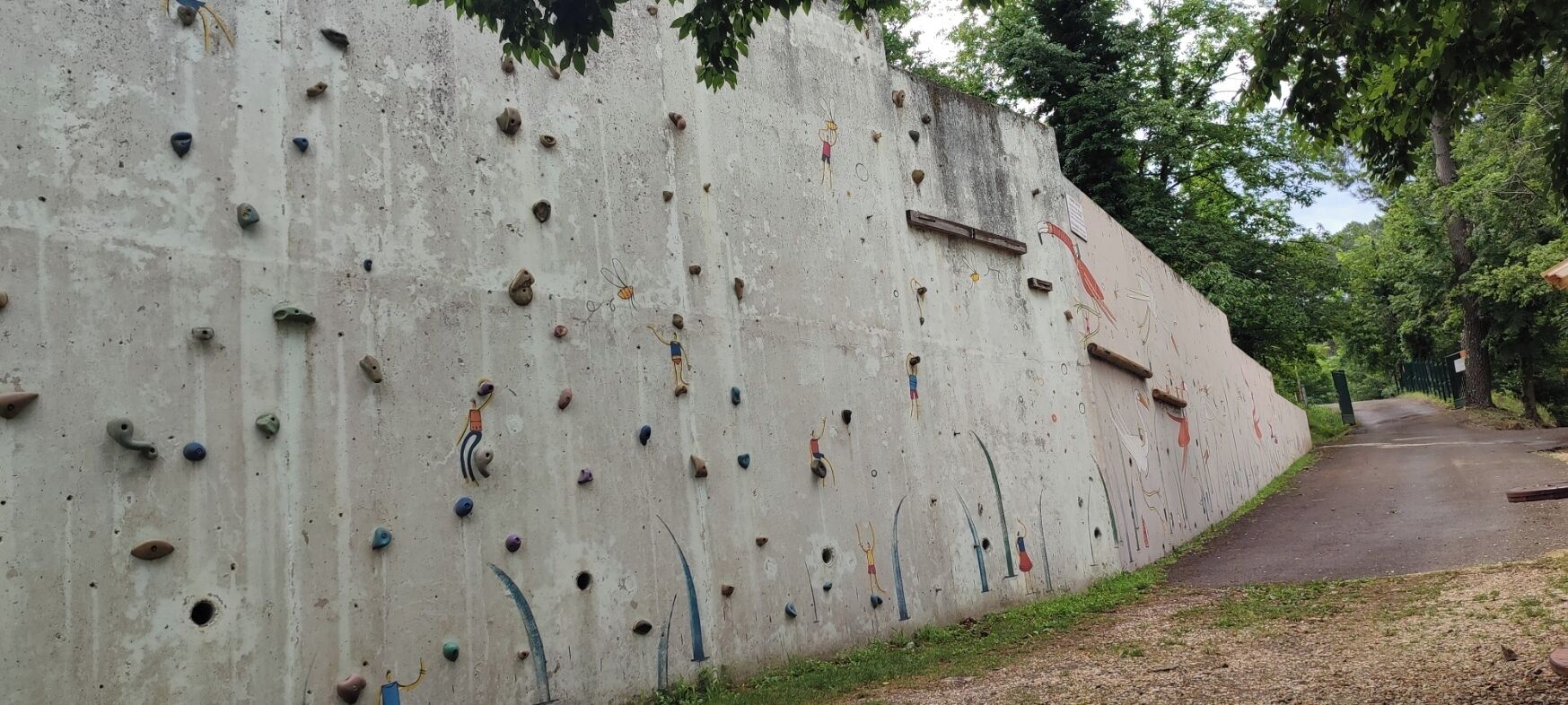 Un mur d’escalade équipé de différentes prises et un sentier qui longe le mur.