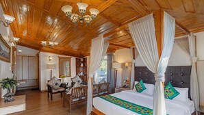 Una habitación amplia con una cama grande, techo de madera y dosel.
