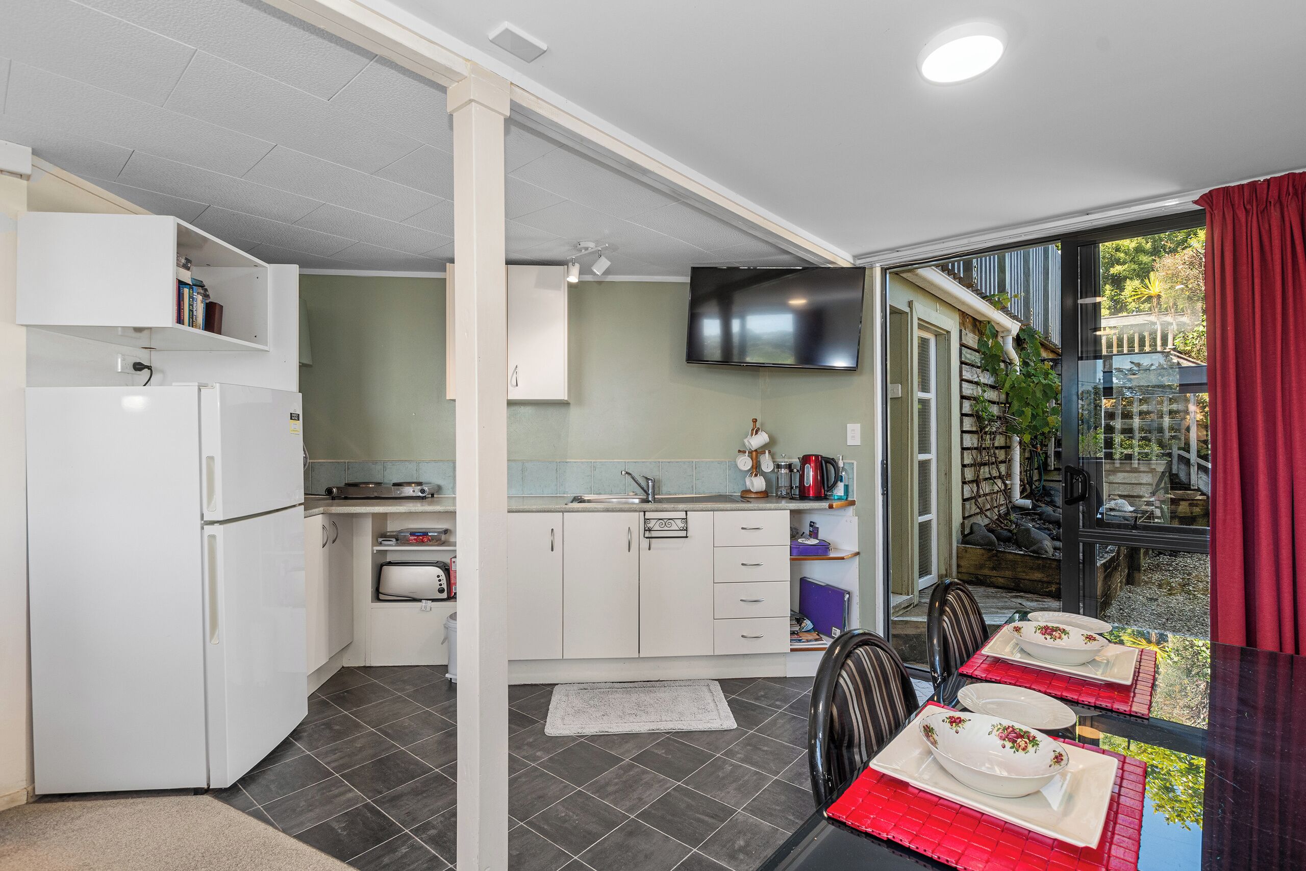 Fridge, microwave, toaster, cookware/dishes/utensils