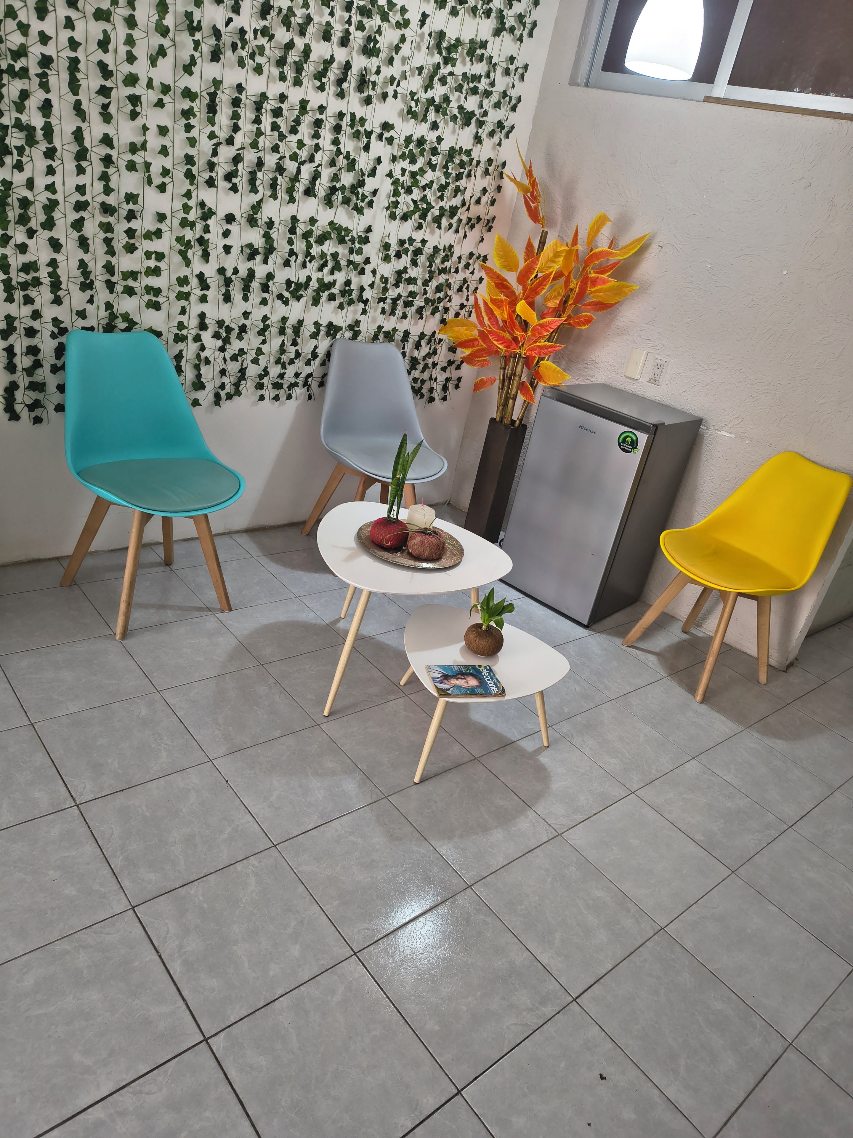 Una habitación con tres sillas, una mesita pequeña y una planta decorativa.