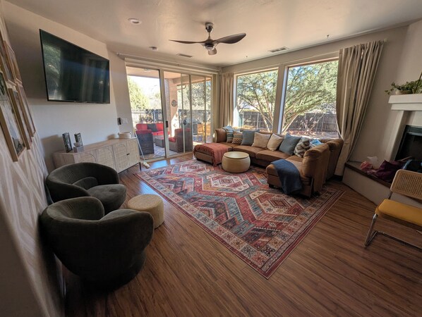 Smart TV, fireplace, foosball, books