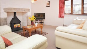 A living room with a fireplace, two sofas, a coffee table with flowers, and a TV. - Bill and Ben's Cottage - UK48619 (Warbstow)