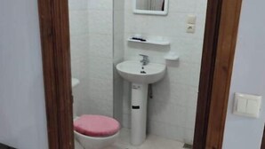Une petite salle de bain compacte avec un lavabo blanc, un miroir au-dessus et un abattant de toilettes rose.