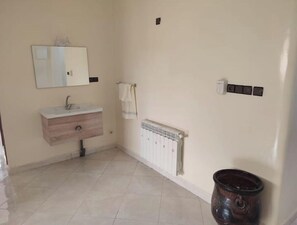 Hair dryer, towels, soap, toilet paper