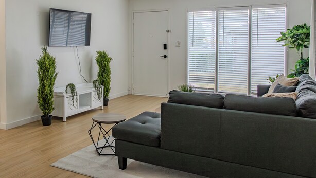 Un salon moderne avec un canapé vert foncé, un téléviseur à écran plat fixé au mur, une porte blanche et une fenêtre avec des stores.