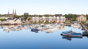 Un puerto deportivo con barcos amarrados, una iglesia con dos torres y edificios residenciales al fondo.