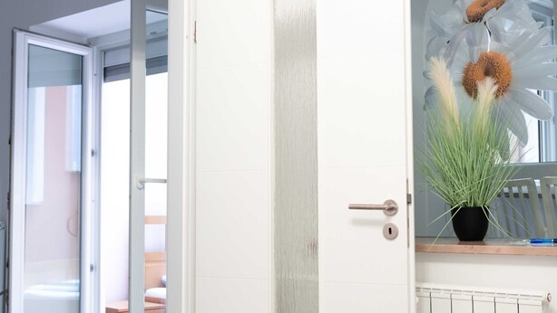 A white door with a handle, a small potted plant with green foliage and white flowers, and a radiator below. - Izola Spacious Apartment with Terrace and Patio - Three Bedroom Apartment with Terrace (Izola)