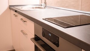 A kitchen with a built-in induction cooktop, a stainless steel sink, and a dishwasher. - Izola Spacious Apartment with Terrace and Patio - Three Bedroom Apartment with Terrace (Izola)