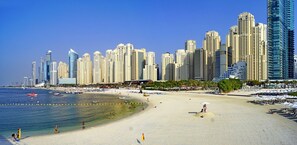 A beachfront cityscape with high-rise buildings, a sandy beach, and a clear sky.
