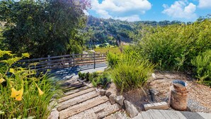 A wooden bridge over a small water feature, surrounded by lush greenery and a clear blue sky. - Modern Farmhouse with Pool & Vineyard (Santa Rosa)