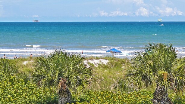A beach with palm trees, a boat, and a parasail in the distance.