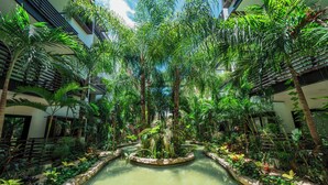 A lush indoor garden with a central water feature surrounded by various tropical plants and trees. - Modern PH with 2 Br & Pool at Arena 509 (Playa del Carmen)