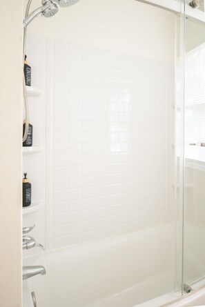 Shower, towels, soap, shampoo