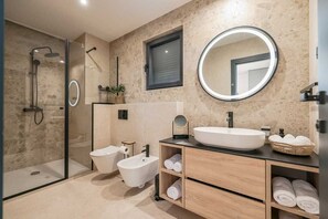 Shower, hair dryer, bidet, towels