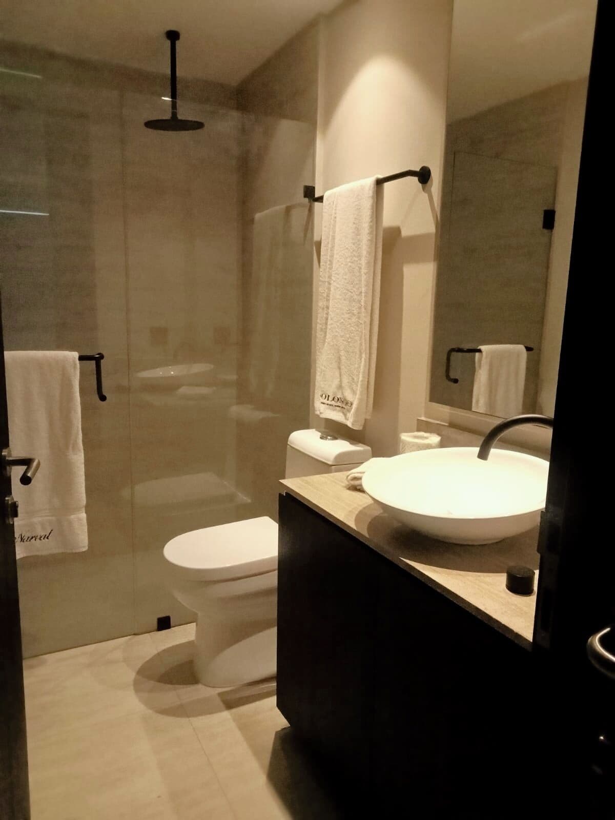 A modern bathroom with a glass-enclosed shower, a white toilet, and a round sink with a black faucet.