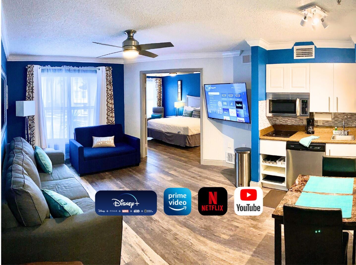 1 bedroom, desk, iron/ironing board, travel cot