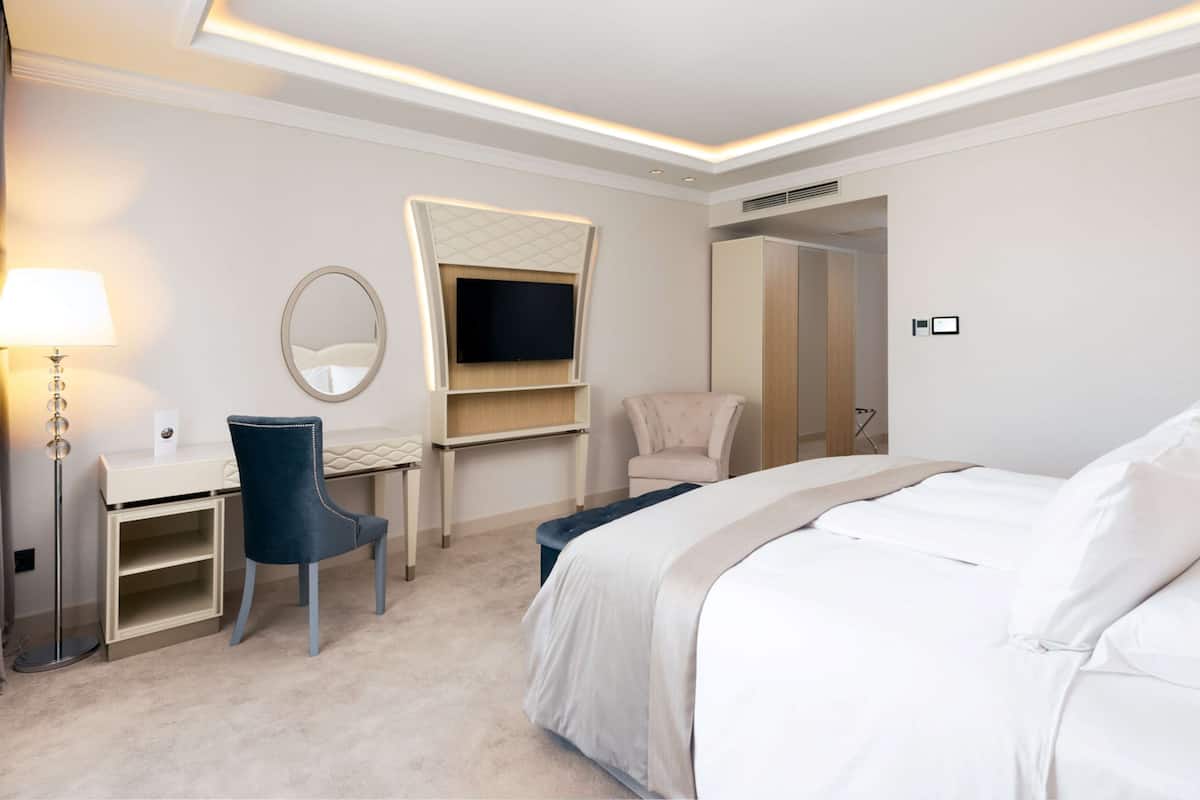 Une chambre d’hôtel avec un lit, un bureau, une chaise, une télévision et un miroir.