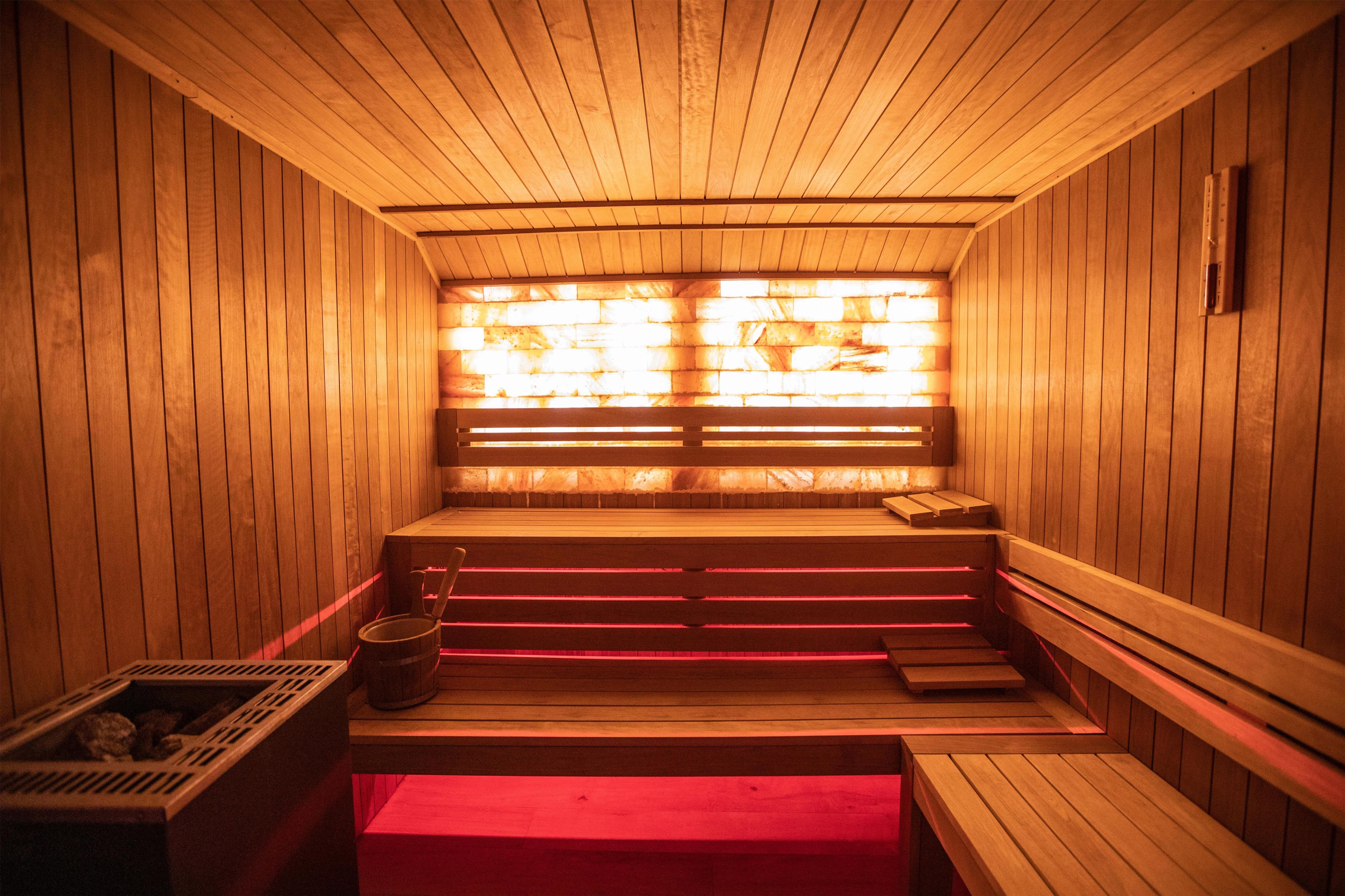 Una sauna con paredes y bancos de madera, un banco con cojín rojo y un ventanal con vistas al exterior.