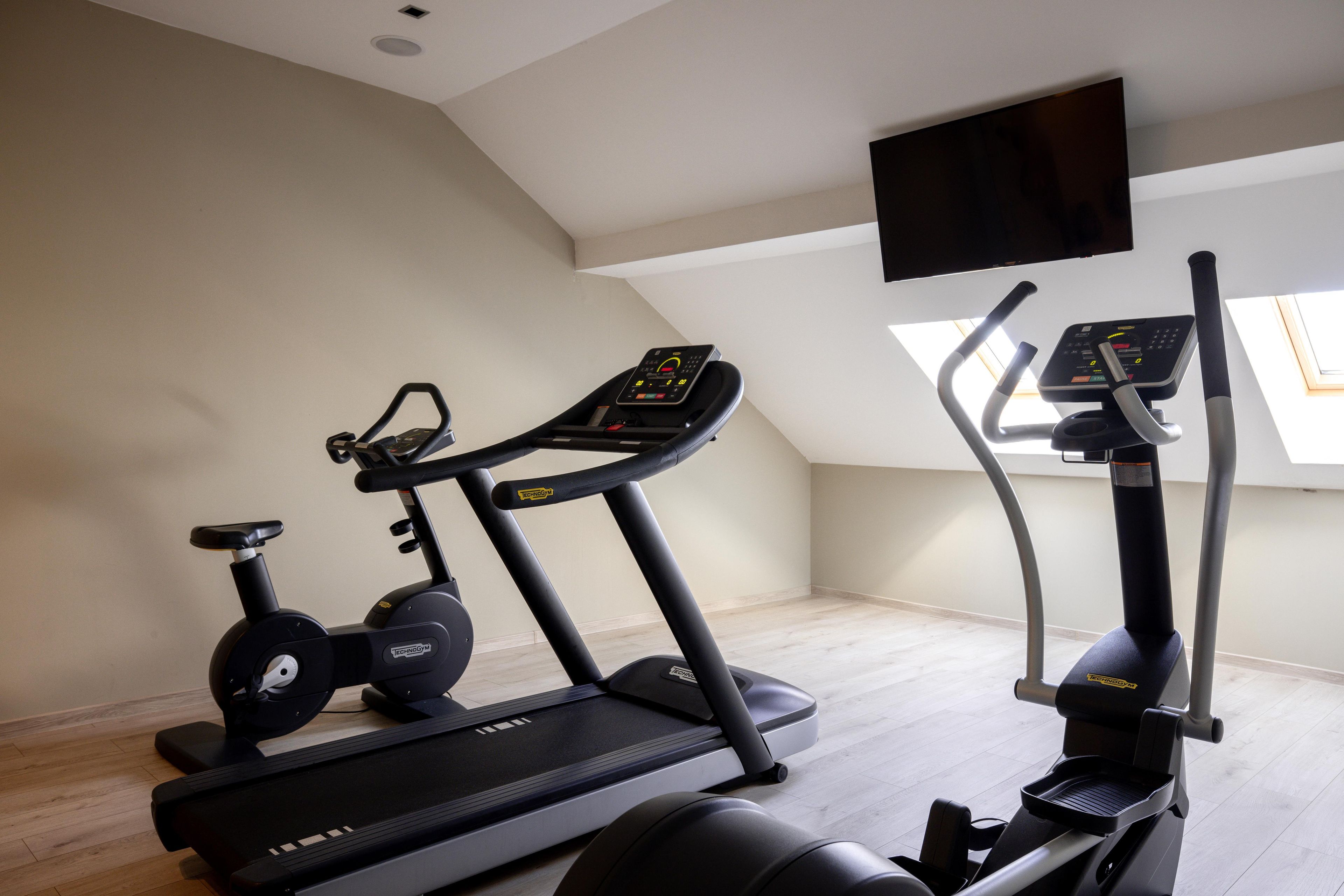 Une salle de sport à domicile équipée de deux tapis de course et d’un appareil de musculation elliptique.