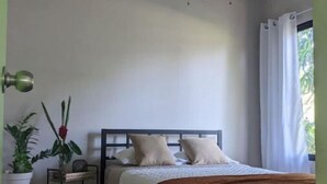 Une chambre à coucher avec un lit, un ventilateur de plafond, une fenêtre avec des rideaux et une plante en pot.