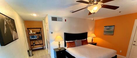 1 bedroom, desk, iron/ironing board, travel cot