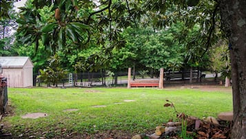 A fenced yard with a wooden bench, a small shed, and a ladder leaning against the fence.