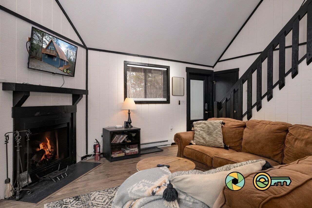 Smart TV, fireplace, DVD player, books