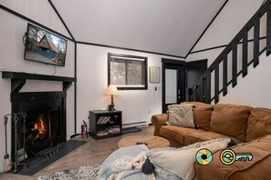 Smart TV, fireplace, DVD player, books
