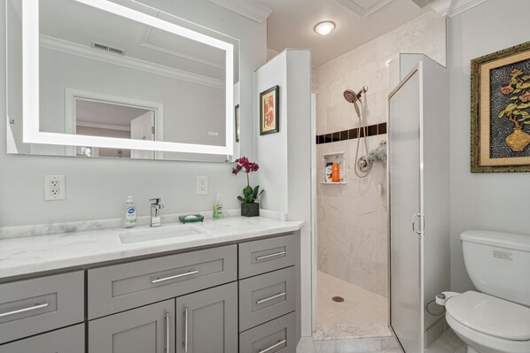 Shower, hair dryer, towels, soap
