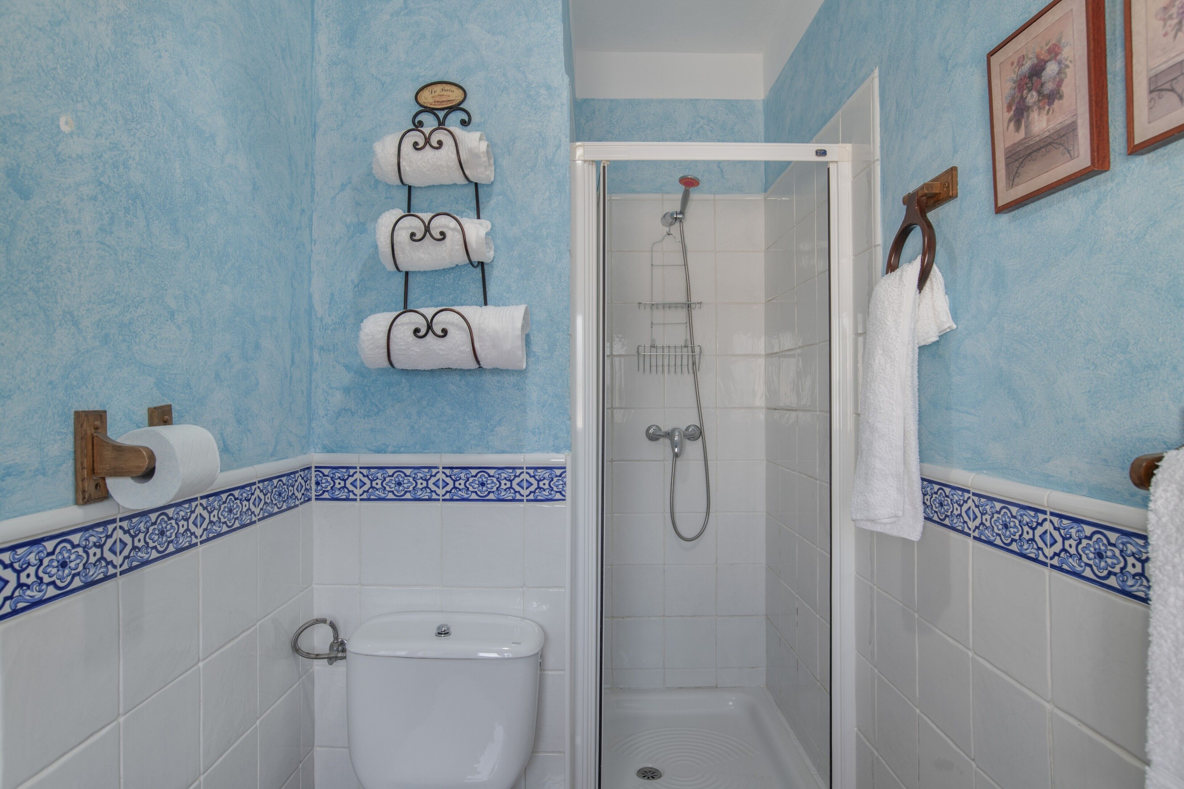 A bathroom with a shower, toilet, and towel rack.