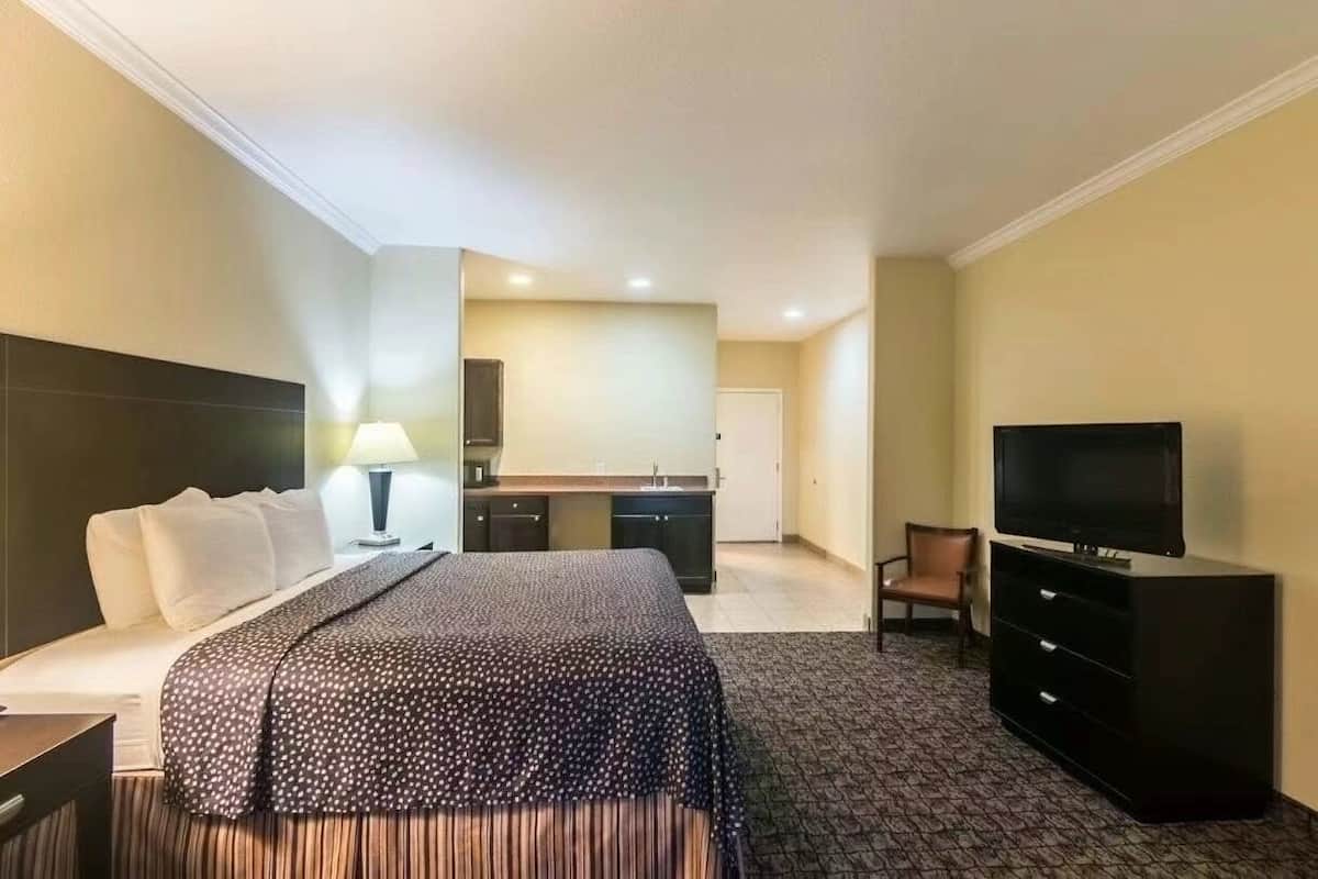 Een hotelkamer met een bed, een televisie, een bureau met een lamp, en een kitchenette op de achtergrond.