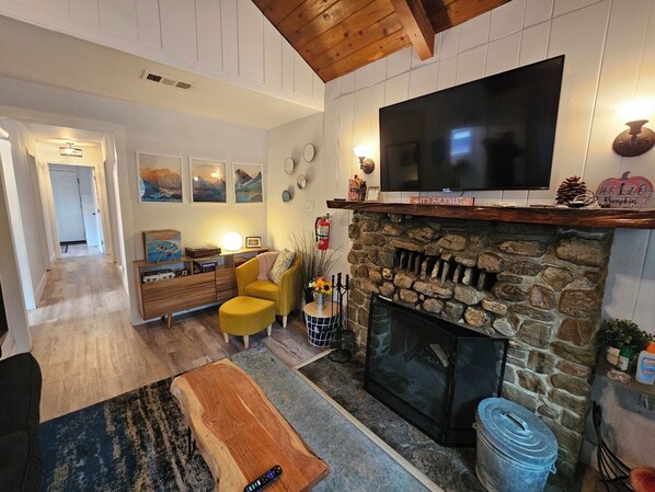 Smart TV, fireplace, DVD player, music library