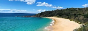 Une plage côtière aux eaux turquoise et limpides, bordée d’un rivage sablonneux et d’une colline boisée.