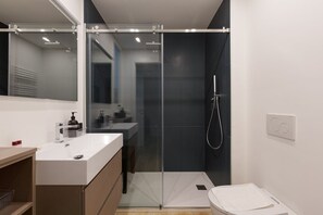 Shower, hair dryer, bidet, towels