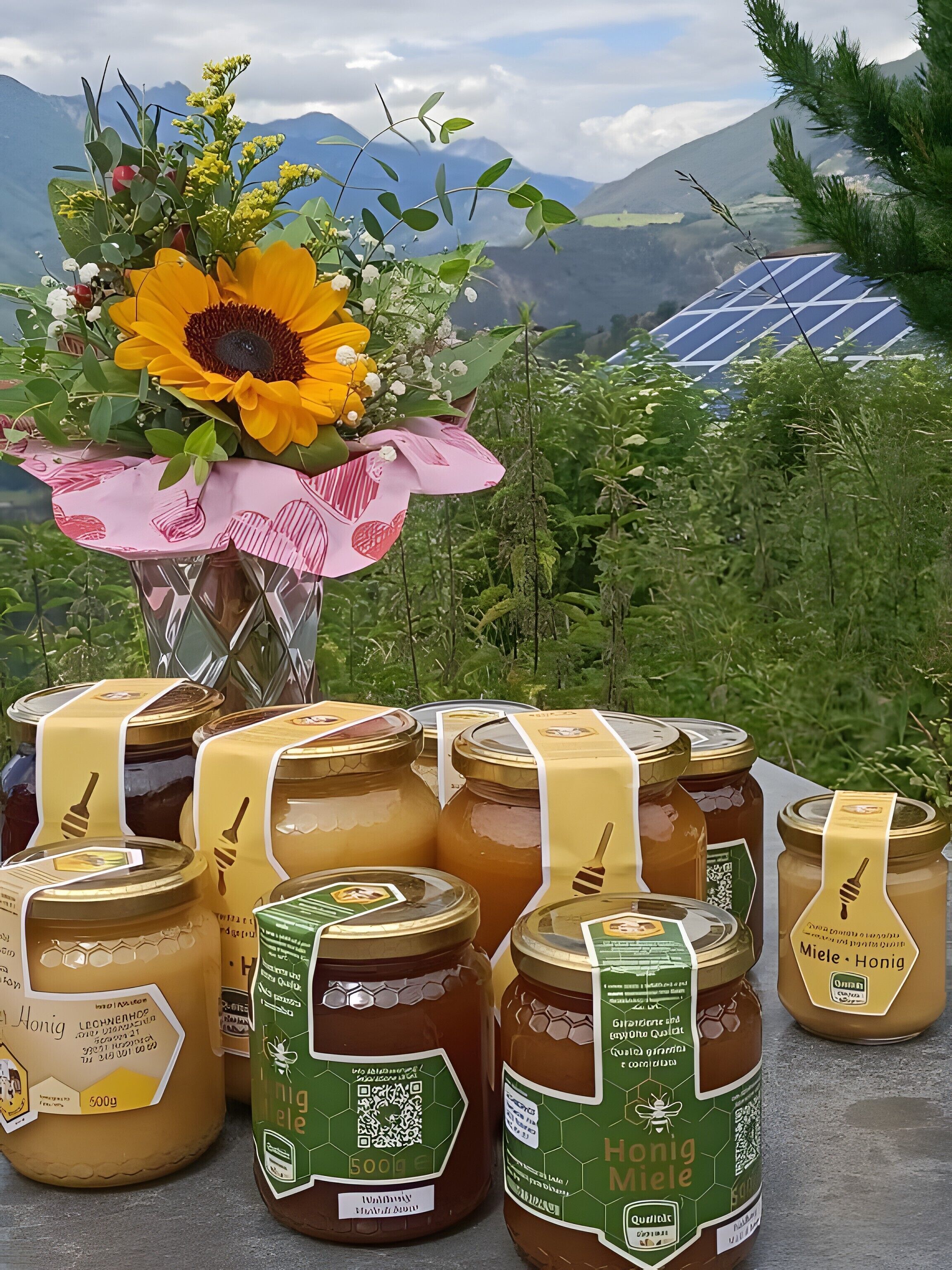 A table with jars of honey and a bouquet of flowers.