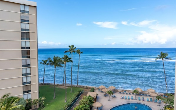 A hotel with a pool, palm trees, and a view of the ocean.