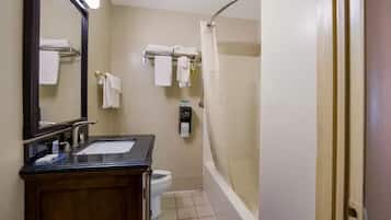 Combined shower/bathtub, hair dryer, towels, toilet paper