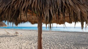 A beach with thatched umbrellas and sun loungers. - Exclusive Pent House, stunning ocean and lagoon views (Cancún)