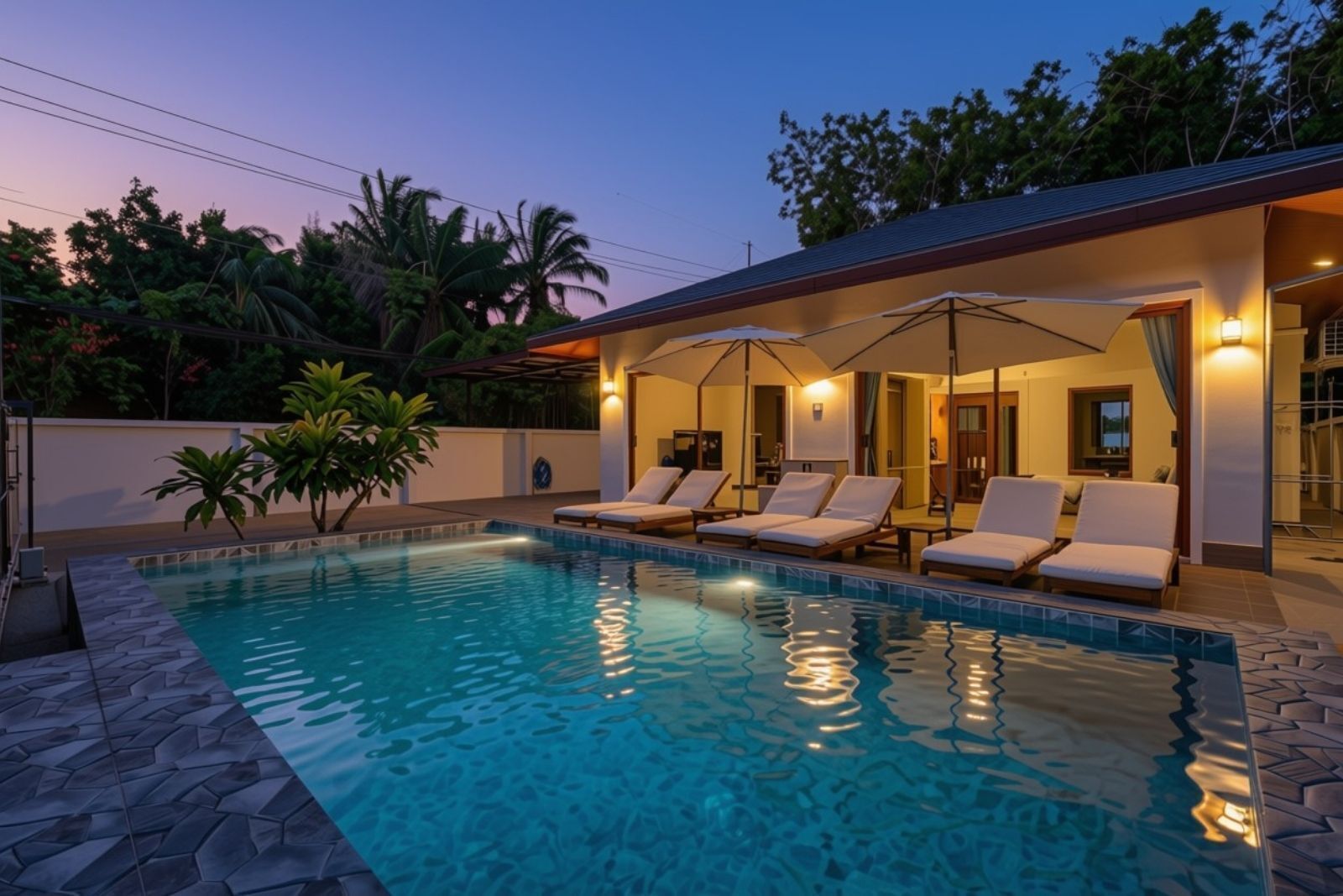 En swimmingpool med liggestole og parasoller, omgivet af en moderne bygning med fliseterrasse.