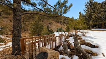 A wooden fence, a snow-covered ground, and a clear blue sky.