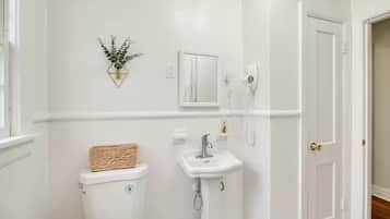 Hair dryer, towels, soap, toilet paper