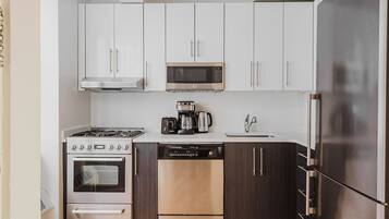 Fridge, microwave, oven, dishwasher