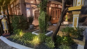 En velholdt have med et centralt træ, omgivet af diverse beplantning og dekorativ belysning.