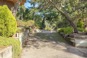 A pathway flanked by wooden planters and a stone wall, leading to a building with a wooden roof. - Charming 3 Bedroom Home (Santa Cruz)