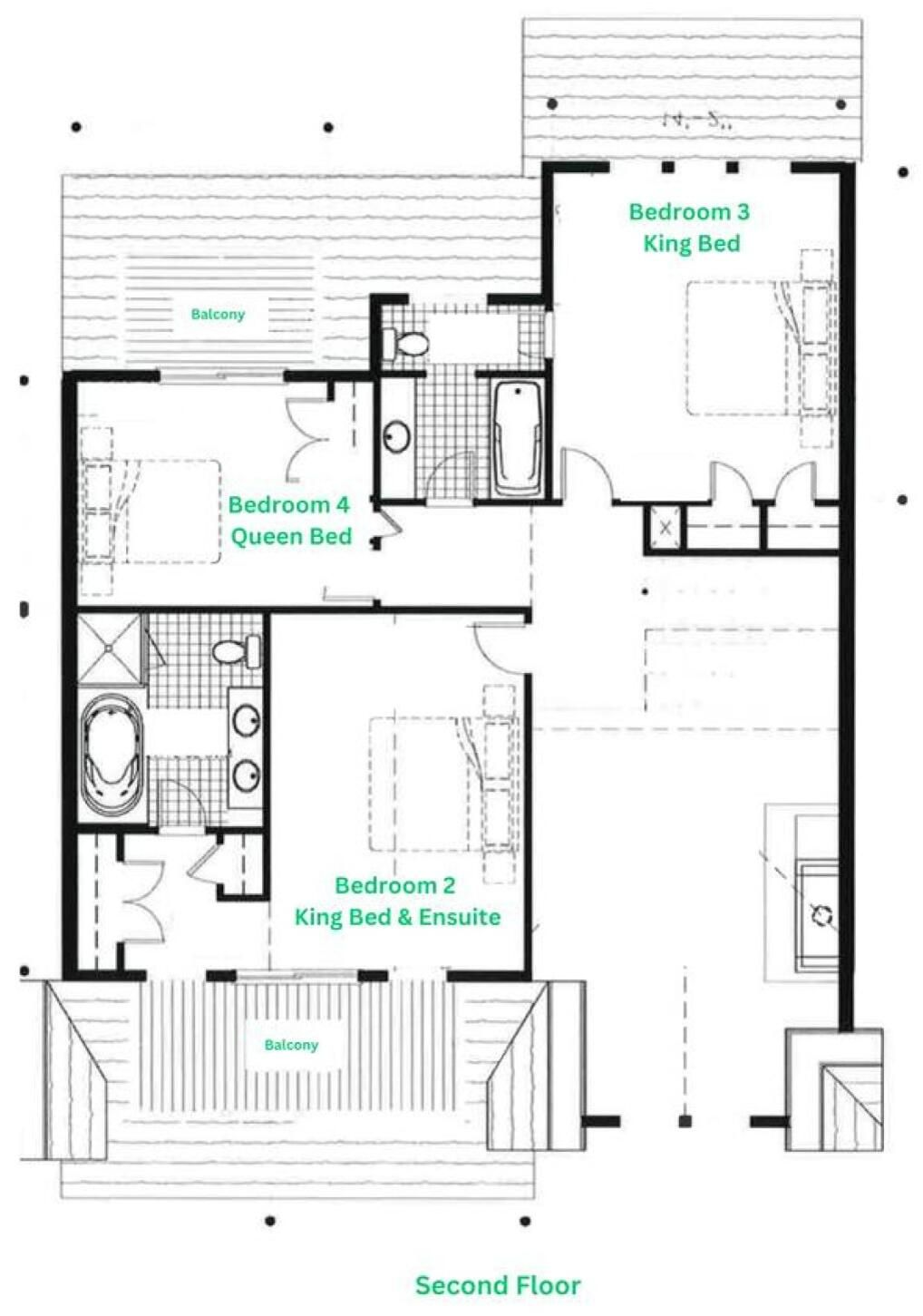 A second-floor floor plan with three bedrooms, a balcony, and a kitchen.