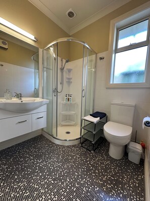 Shower, hair dryer, towels, soap