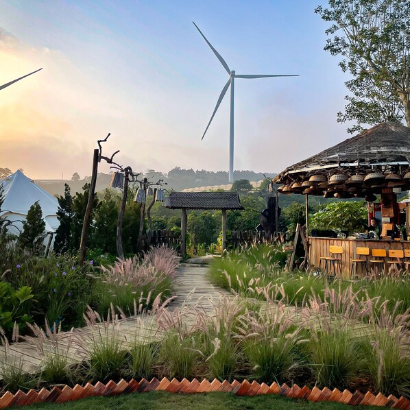 A pathway leading to a rustic wooden structure with a thatched roof, surrounded by lush greenery and a wind turbine in the background. - Cloud9 & Cloud View Glamping (Xuan Truong - Da Lat)
