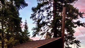 A small wooden cabin with a star emblem, a sloped roof, and a porch with a railing. - ★★Ski In-Out! Mid-Mountain PALISADES home! Hot tub! Views! Walk to village! ★★ (Olympic Valley)